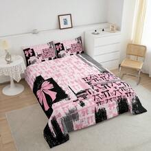 Juego de edredón tamaño king en rosa, gris y negro con lazo, para niños y niñas, conjunto de ropa de cama con diseño de lazos acuarela, 3 piezas - Negro - Ver 6