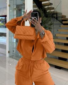 Women's High-Quality Solid Color Shirt Casual Street Sports Shorts 2-Piece Set - 橘色 - 查看 8