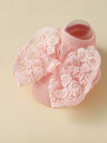 婴儿纯色蝴蝶结发带头带1件+婴儿防滑地板袜幼儿船袜1双 - 粉色 - 查看 4