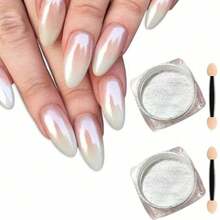 珍珠白美甲闪粉铬粉 Y2K 2盒装 月光白铬粉颜料，适用于釉面甜甜圈美甲，月光粉镜面效果闪粉 2支装 眼影棒 DIY 美甲饰品 美甲宝石 美甲用品