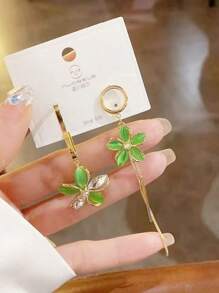 Exquisite Floral Tassel Drop Earrings, Asymmetric Design With Green Cat Eye Stones, Women Fashion Long Earrings