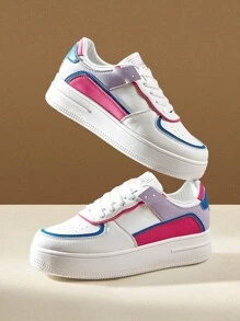 Women's Fashion Lace-Up Thick Soled Casual Sneakers, Waterproof Platform White Sport Shoes, For Autumn & Spring