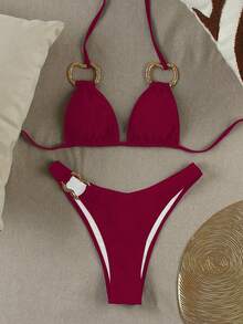 Polovedo官方新款优雅性感纯色酒红色女士比基尼泳装，适合海滩、度假、派对和夏季约会。 - 酒紅色 - 查看 2