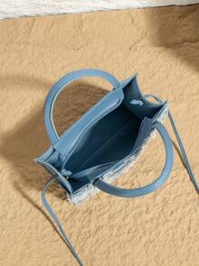 新款小方包荔枝纹手提包女士斜挎包女包浅蓝色包包 - 淺藍色 - 查看 6