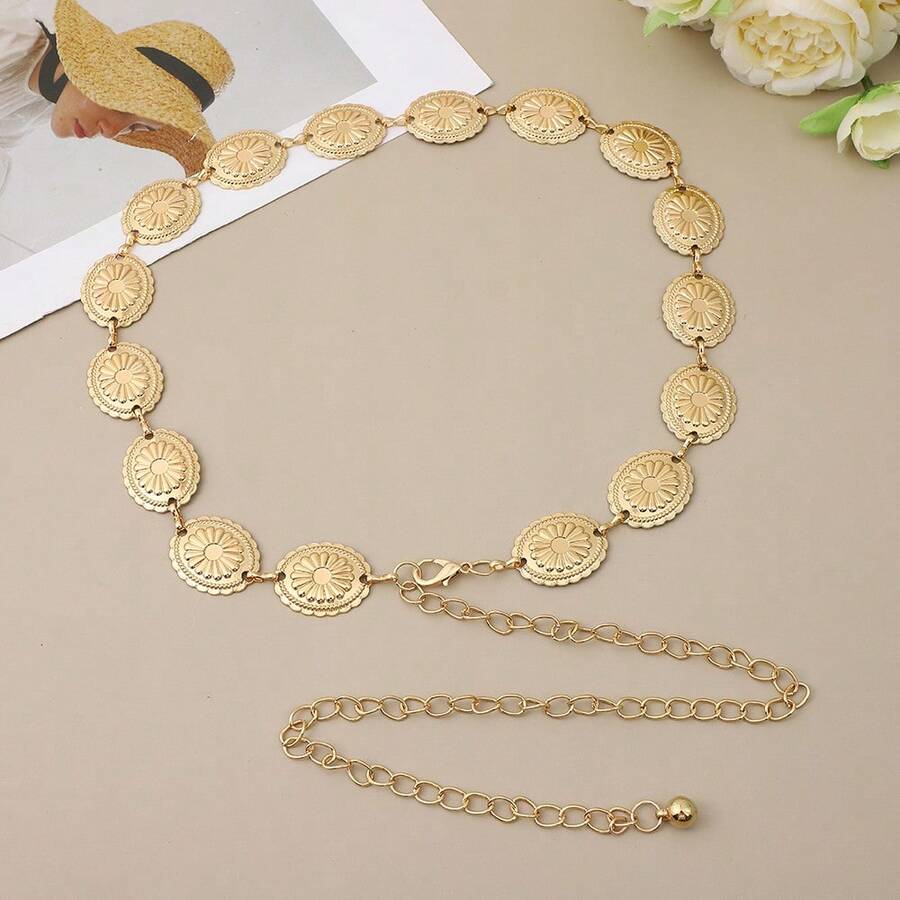 1 件女士银色椭圆形合金超长腰链，高端金属链带，百搭装饰，适合连衣裙、西装、汉服、时尚、欧美风格 - 銀色 - 查看 1