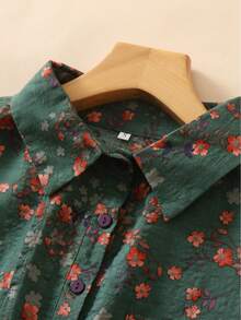 Women's Ditsy Floral Long Sleeve Casual Polo Collar Shirt, Versatile Office, Fall For Women, Olive Green - Green - View 4