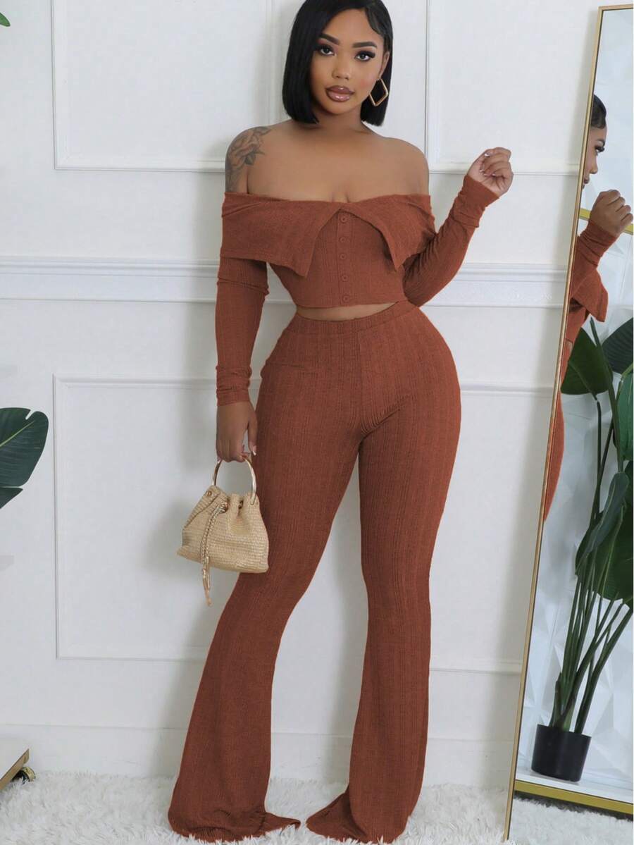 2 stuks effen dames off-shoulder top met lange mouwen en broek, casual pak, herfstkleding, terug naar school - Bruin - Bekijken 1