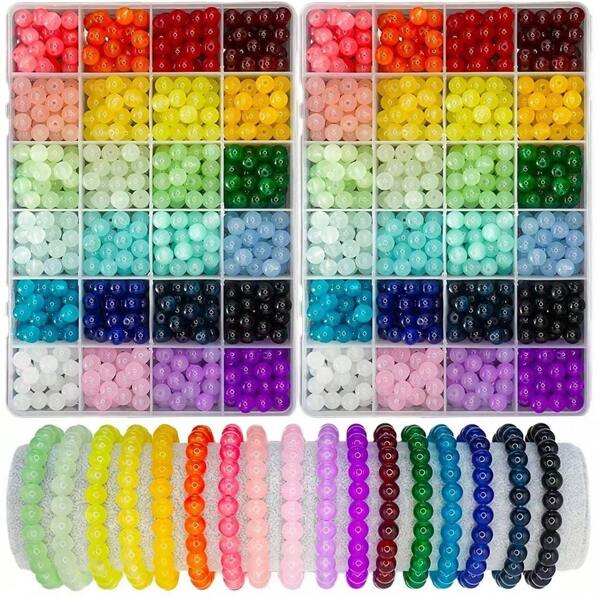 2 cajas/set de cuentas de vidrio para hacer joyería, kit de fabricación de pulseras con 24 colores de cuentas de de 8 mm, 2 cajas adecuadas para principiantes, set de cuentas redondas