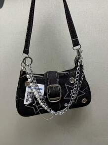 Woman 2025 New Star & Denim Handbag - Shoulder Underarm Bag, Vintage Button Decor, Chain Crossbody Bag