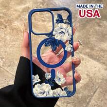 Compatible With IPhone 16 Pro Max 15 Plus 14 13 12 11 XS Max X Night White Rose Pattern Durable Magnetic Grip Shockproof Anti-Scratch PC Protective Cellphone Case Gift - Blue - View 2