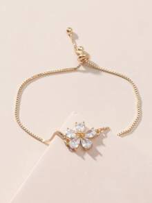 1pc Adjustable Copper Flower Shaped Cubic Zirconia Inlaid Drawstring Bracelet, Perfect Daily Wear, Date, Party, Etc. - one-size - View 2