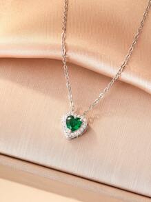 1pc Women's Fashion Elegant Green Cubic Zirconia Heart-Shaped Titanium Steel Silver Plated Adjustable O-Chain Necklace, Suitable For Party And Daily Wear