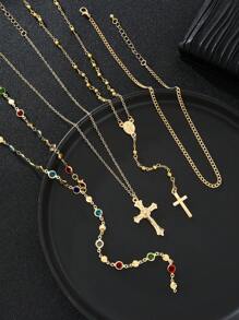 1/4pcs Vintage Metal Jesus Cross Pendant Y-Shaped Long Necklace, Boho Style Colorful Crystal Pendant Necklace Set, Suitable For Women Daily And Vacation Wear, Holiday Gift For Friends (Crystal Color Random)