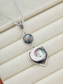 1PC Gothic Style Heart Shaped Cat And Moon Necklace For Women's Everyday Accessories Jewellery Gifts