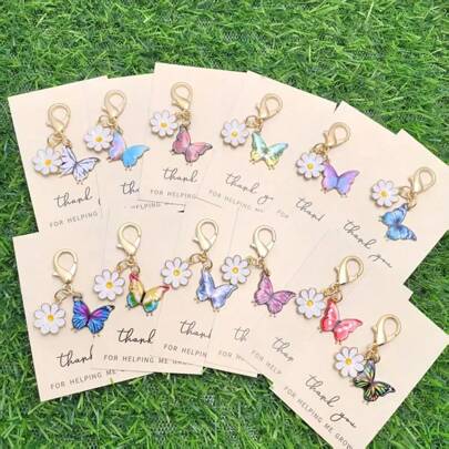 12 بطاقة تقدير الحضن مع سلسلة مفاتيح فراشة وزهرة البابونج - من سبيكة الزنك والحديد، هدية ملونة لعيد المعلم، عيد الحب، - إكسسوار معبر ملهم لحقيبة الظهر والسيارة والحقيبة بطراز جوثيك Y2K