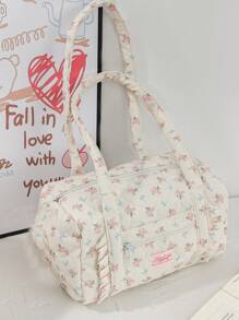 1Pc Floral And Bow Knot With Ruffles Duffel Bag ,Girls Travel Bag ,Girls Weekend Bag ,Women Shoulder Bag,Yoga Bag ,Sports Bag,Girls Weekend Bag ,Girl Duffel Bag ,Girls Luggage Bag Quilted Zipper Handbag Suitable For Ladies And Girls, Gift For Valentines Gift ,New Year Gift Bag For School School Accessories School Stuff