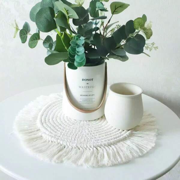 1pc Handmade Woven Fringe Placemats, Hand-Crochet Lace Coasters Non-Slip Boho Style Tabletop Decor