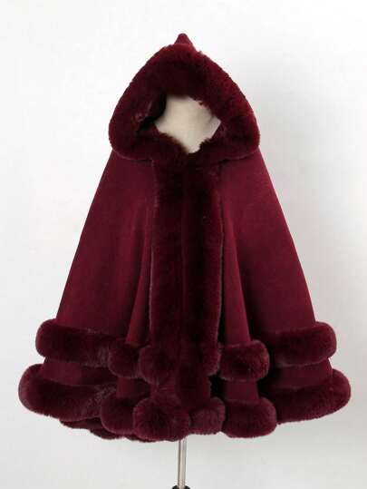1pc Solid Color Double-Layer Faux Fur Hooded Shawl