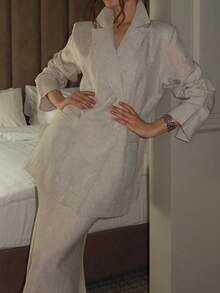 Set elegant de 2 piese pentru femei, cu jachetă și fustă, în stil solid - Gri - Vizualizare 6