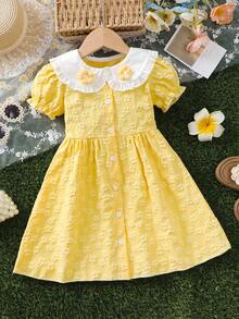 Girls' Summer And Spring Dress With Turned-Up Collar, Scalloped Hem, Short Sleeves With Flowered Cuffs On Both Sides, Embossed Flowers All Over, Front Placket A-Line Dress In Cute Little Princess Style - Yellow - View 1