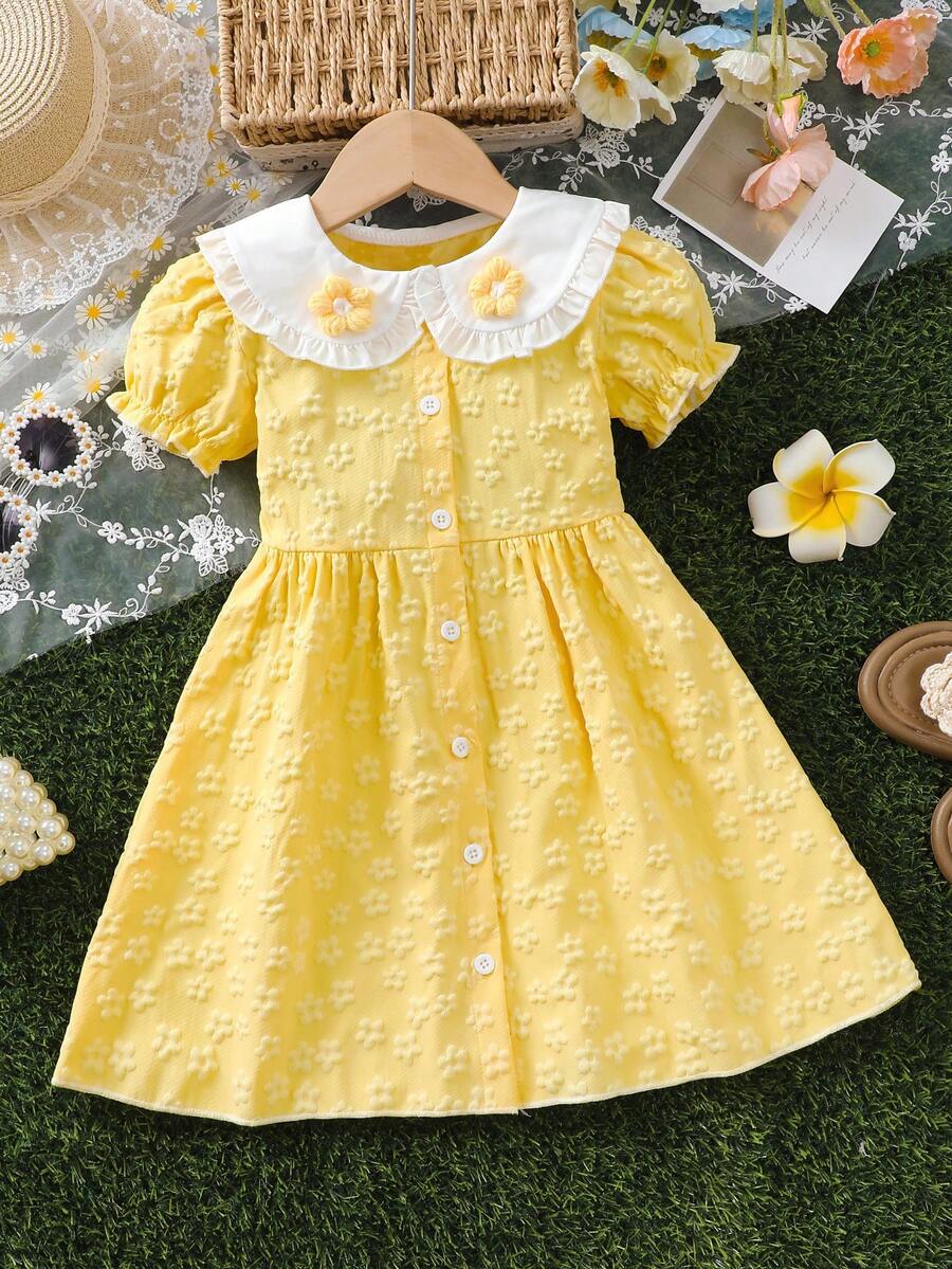 Girls' Summer And Spring Dress With Turned-Up Collar, Scalloped Hem, Short Sleeves With Flowered Cuffs On Both Sides, Embossed Flowers All Over, Front Placket A-Line Dress In Cute Little Princess Style - Yellow - View 1