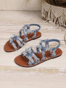 Sandálias femininas rasteiras de verão - Design casual com tira cruzada no tornozelo, bico redondo, sola de borracha confortável, cabedal jeans moderno, adequado para passeios de verão e praia