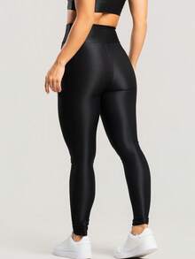 Women's Ribbed High Waist Shiny Premium Workout Fitness Leggings - màu đen - Xem 2