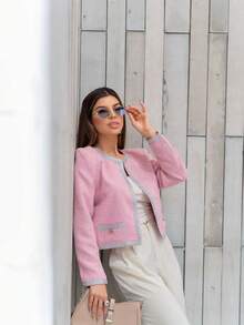 Cropped Tweed Jacket With Front Pockets - Rosa - Ver 2