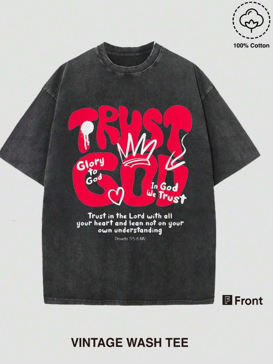 Vintage Wash Tee Black Trust In God Glory To God Inspirational Quote Casual Daily Wear Crew Neck Tee - màu đen - Xem 1