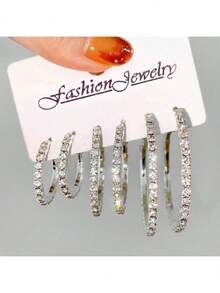 6pcs/Set Fashionable, Elegant, Sexy, Minimalist, Luxurious Bling Bling C-Shaped Exaggerated Hoop Earrings Set, Multi-Functional Gift For Girlfriend, Family, Colleagues And Friends, Suitable For Christmas Gift All Year Round - style 1 - 查看 4