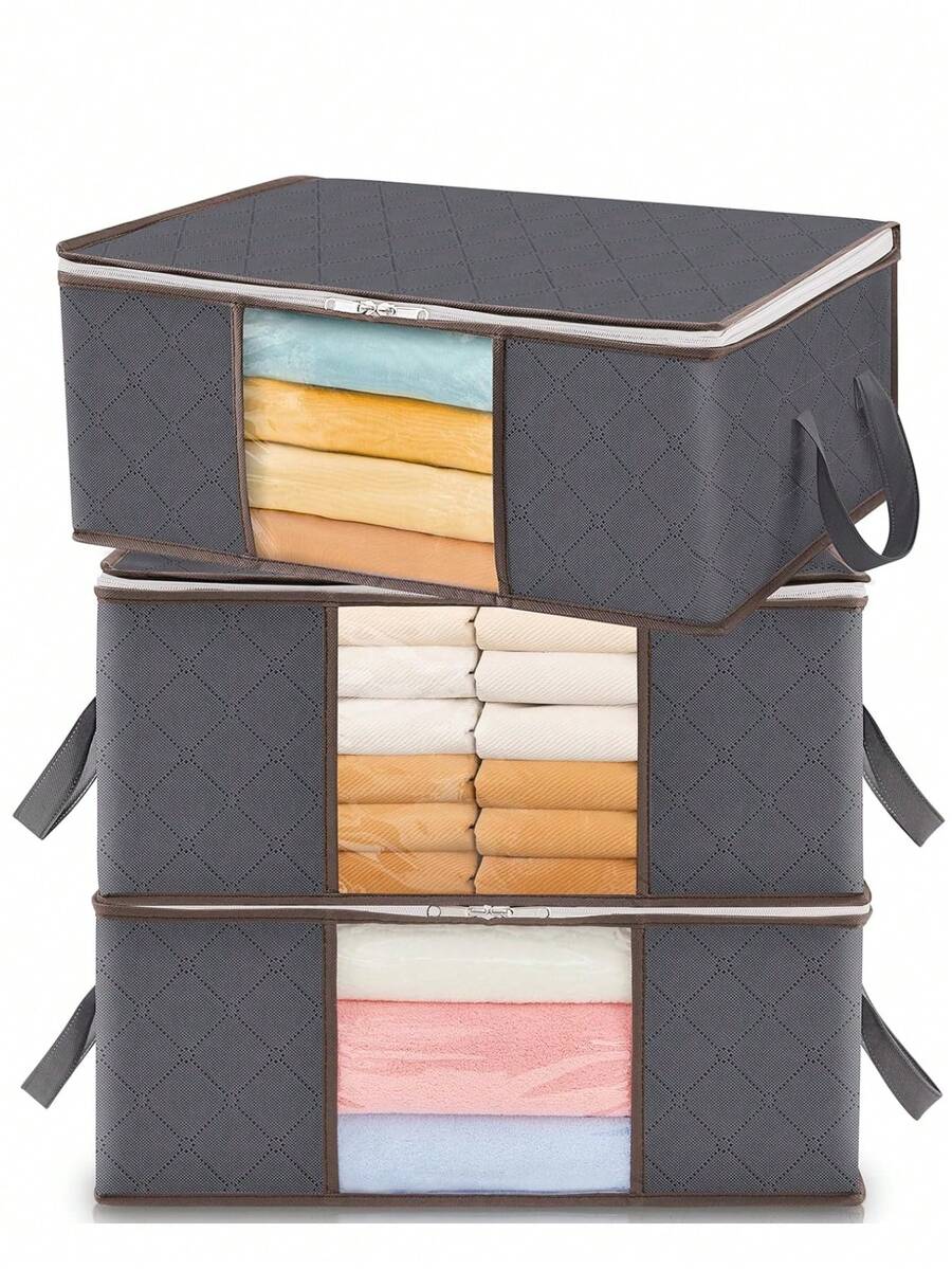 3pcs Collapsible Storage Bag Set, Home Organizer For Clothes, Beddings, Pillows And Closet Organizing, Household Storage Containers - Medium Gray - View 1