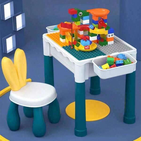 Conjunto de mesa y sillas de bloques todo en uno para niños con los elementos esenciales del aula preescolar, mesa multifuncional de actividades para niños pequeños con juguetes de bloques de construcción para niños de 3 años en adelante