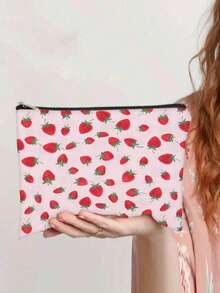 1 pieza Bolsa de cosméticos con estampado de fresa lindo, bolsa de aseo con patrón de doble cara, bolsa con cremallera de tela de poliéster para guardar accesorios pequeños y artículos de papelería, adecuada como regalo para amigos y niños, esencial de viaje de regreso a la escuela, vacaciones de verano, bolsa escolar para artículos escolares, bolsa de aseo de viaje - Multicolor - Ver 15