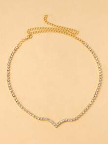 1pc Silver Simple V-Shaped Crystal Necklace, Party Accessory - Gold - View 4