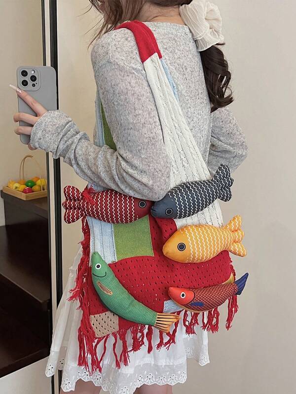 1 Peça Bolsa de Crochê Multicolorida com Decoração de Boneca de Peixe Pequena, Borla de Franjas, Bolsa de Ombro Feminina em Forma de Crescente, Estilo Casual de Férias, Adequada para Viagem, Férias, Etc.