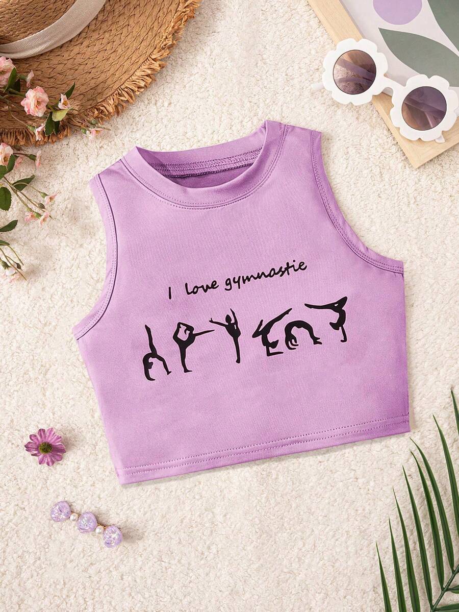 Tween Girl 休闲运动纯色字母轮廓印花时尚背心,适合瑜伽、跑步、锻炼、健身活动 - 中紫紅色 - 查看 1