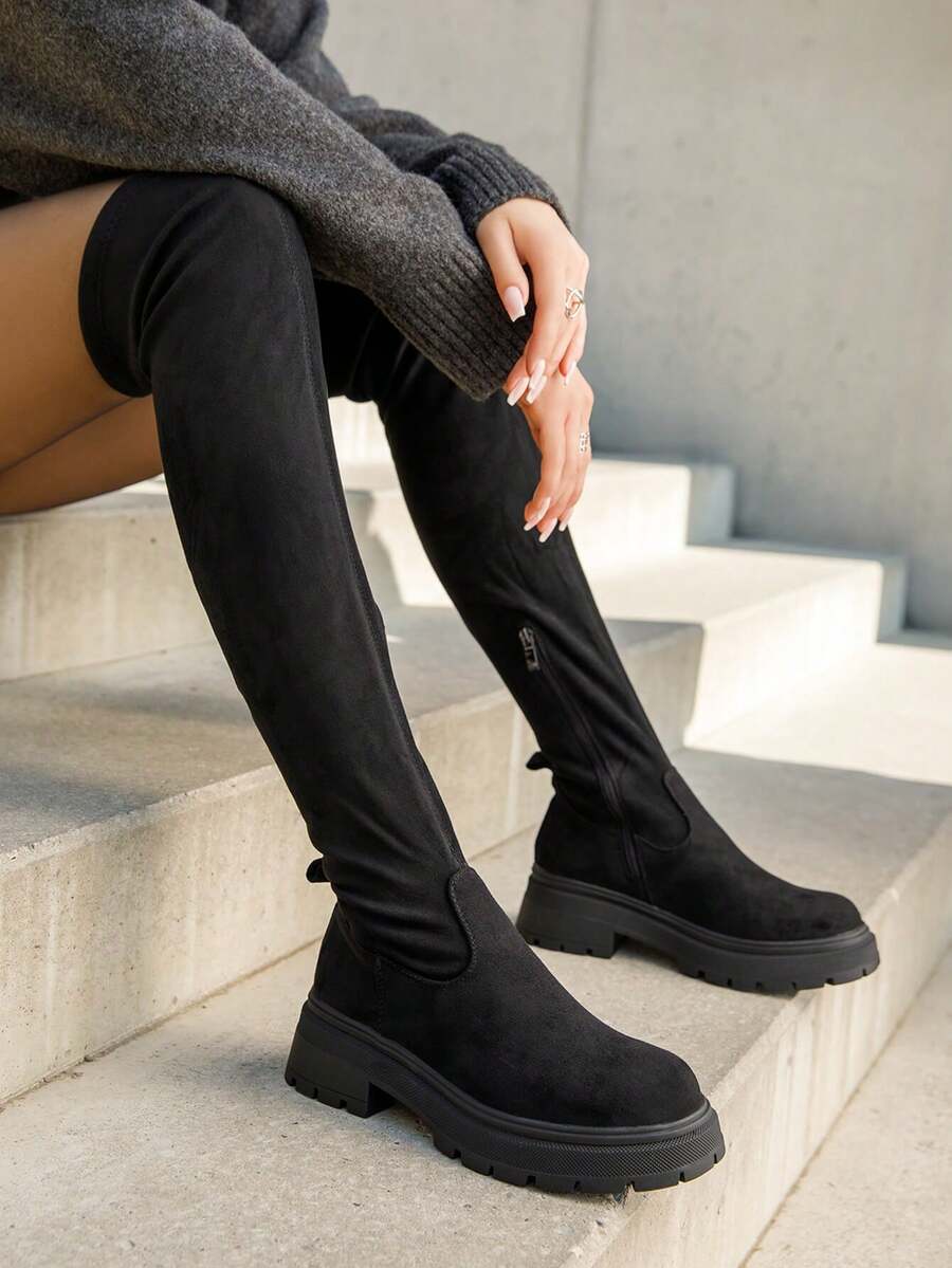 Stivali alti alla coscia con platform alla moda e versatili per le donne - nero - Visualizzare 1