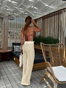 女士性感休闲纯色镂空抽绳蝴蝶结假日海滩风格针织罩衫沙滩裤镂空抽绳高弹力腰钩针透明泳衣网眼性感腰部网眼针织裤，春夏秋季
