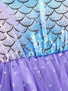 Kleine Mädchen Lässig Kleid mit Puffärmeln, asymmetrischem Meerjungfrauenschuppen-Blumenmuster, Schleife, Mesh und Pailletten Dekor