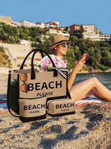 Set de 3 piezas que incluye: bolso de tela de lino con bloques de color, bolso cosmético y bolso cuadrado, serie "Playa", con gran capacidad. La correa para el hombro se puede quitar según la preferencia personal. Incluye un bolso de almacenamiento de cosméticos y un pequeño bolso cuadrado con cremallera que se puede usar como neceser, monedero o estuche de lápices.