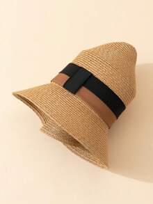 1pc Khaki Retro British Fashion Leather Band Beach Sun Hat, Suitable For Daily Wear - Khaki - View 4