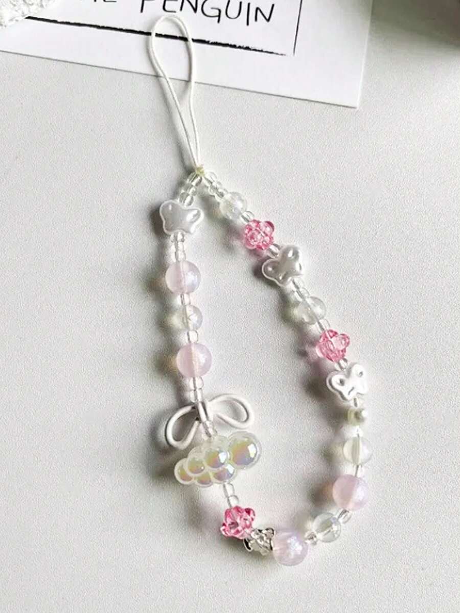 1 Stück rosa Schleife weiße Wolke Handykette DIY Perlen CCD Anti-Verlust Kamera Schlüsselanhänger Kette Dekorative Schlüsselanhänger