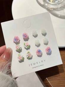 12pcs/Set Minimalist Pink Flower Stud Earrings, Delicate Earring Set Suitable For Students & Young Girls