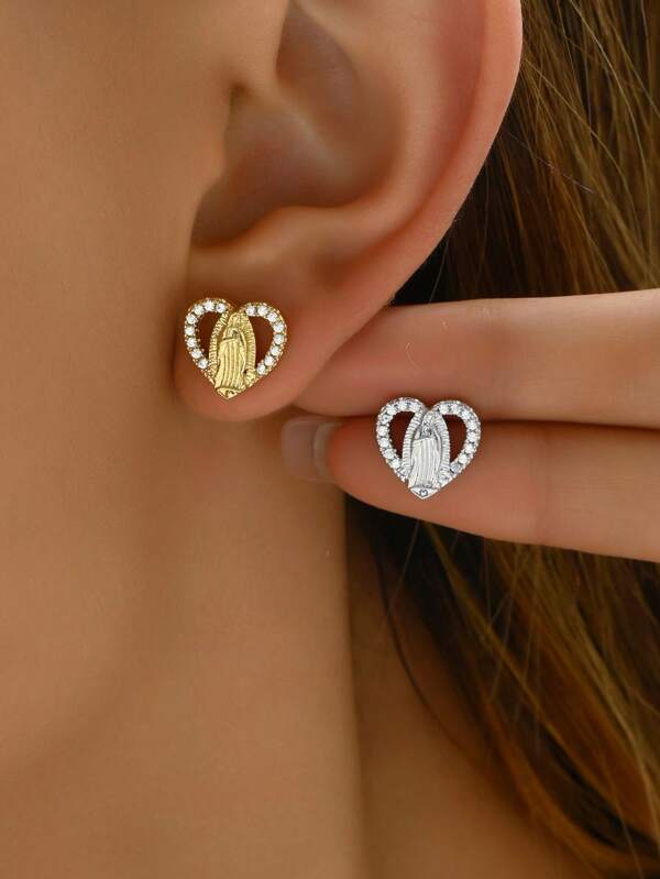 1 Pair Fashionable Cubic Zirconia Heart Shaped Virgin Mary Decor Copper Earrings, Suitable For Women's Daily, Date Wear, Jewelry Gift