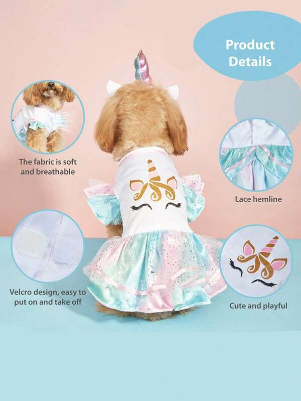 1 Peça Vestido de Estimação, Vestido com Design de Unicórnio em Renda Iridescente e Tule para Cães Pequenos, Médios e Grandes, Vestuário de Estimação