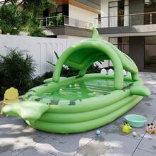 Giant Shark-Themed Inflatable Swimming Pool For Family Fun - PVC, Easy Storage, Perfect For Outdoor Parties, Summer Water Games, And Backyard Entertainment, Green With White Light Beige & Yellow Eyes Design - Multicolor - View 5