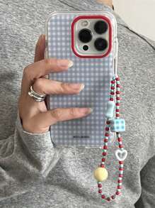 Funda de teléfono con patrón de cuadros azules al estilo coreano, compatible con iPhone 16 Pro Max, 15, 13 Pro, 14, 12, 11 Plus, con una pulsera de cadena de color contrastante y cubierta suave