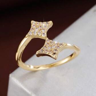 1 pieza Anillo decorativo de mujer con doble estrella y piedra de circonita ajustable a la moda