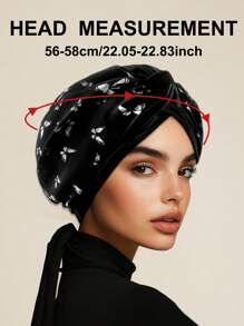 1pc Women's Pre-Tied Satin Turban Hat – Elegant Black Headwrap With White Butterfly Print, Soft Stretch Cap For Muslim Fashion, Party, Or Daily Wear