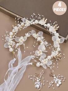 4 peças/2 peças/1 peça Conjunto de Tiara de Pérola de Liga Elegante para Meninas, Conjunto de 2 Peças de Tiara de Pérola e Pulseira de Pérola para Dama de Honra, Conjunto de Vestido de Flor de Fada para Meninas, Adequado para Apresentações, Festas, Fotografia e Danças, Tornando-o um presente ideal para meninas